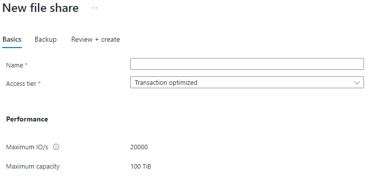 Screenshot della scheda Informazioni di base del pannello della nuova condivisione file per un account di archiviazione con pagamento in base al consumo.