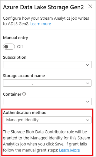 Screenshot che mostra la selezione dell'identità gestita come metodo di autenticazione per Azure Data Lake Storage Gen2