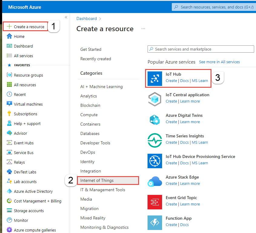 Screenshot che mostra la pagina Crea risorsa per l'hub Iot.