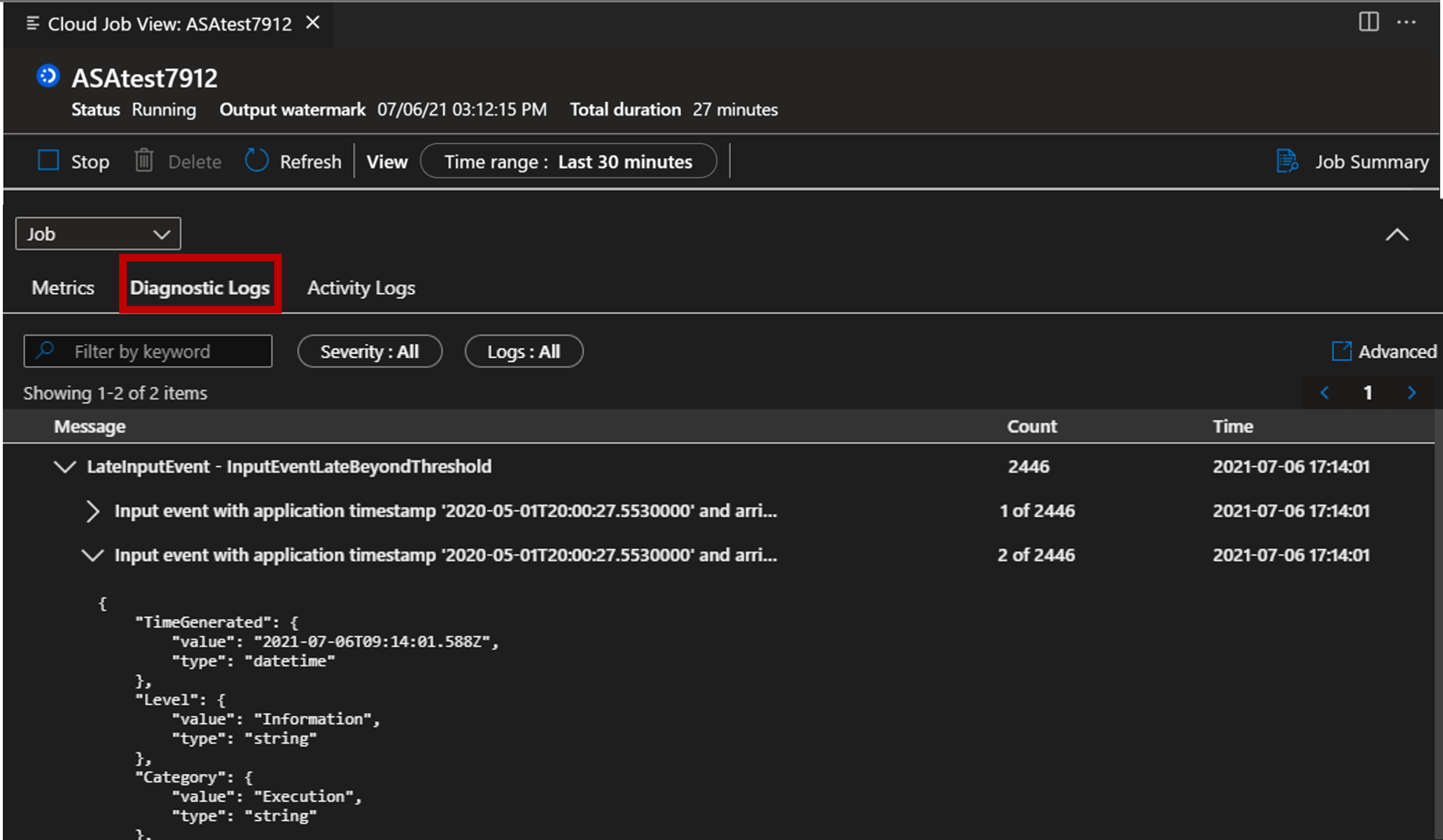 Screenshot dell'estensione VSCode che visualizza i log di diagnostica.