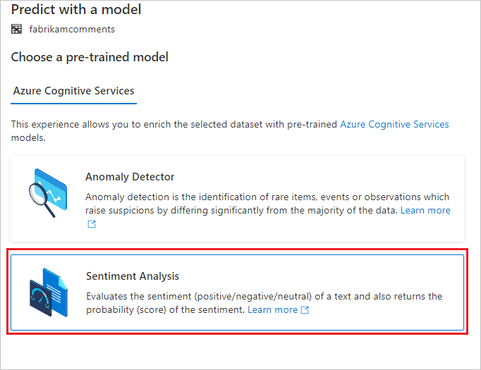 Screenshot che mostra la selezione di un modello di analisi del sentiment con training preliminare.