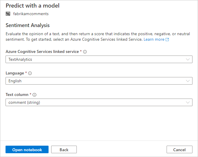 Screenshot che mostra le selezioni per la configurazione dell'analisi del sentiment.