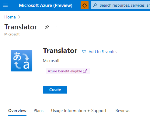 Screenshot che mostra Translator nel portale con il pulsante Crea.