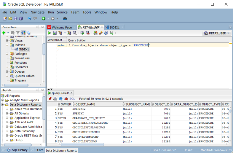 Screenshot che mostra come eseguire una query per un elenco di stored procedure in Oracle SQL Developer.