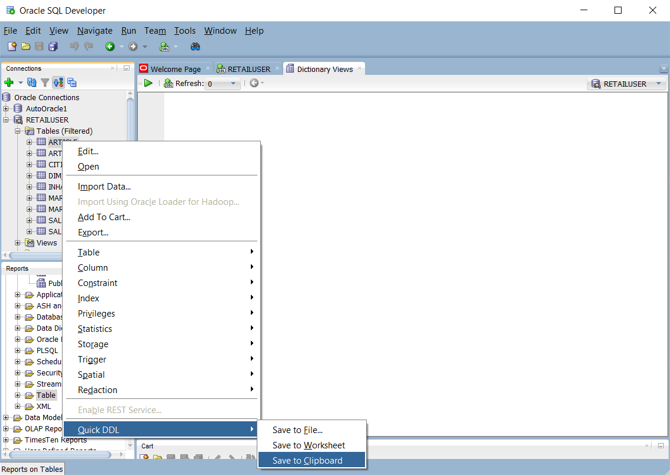 Screenshot che mostra l'istruzione create table generata da Oracle SQL Developer.