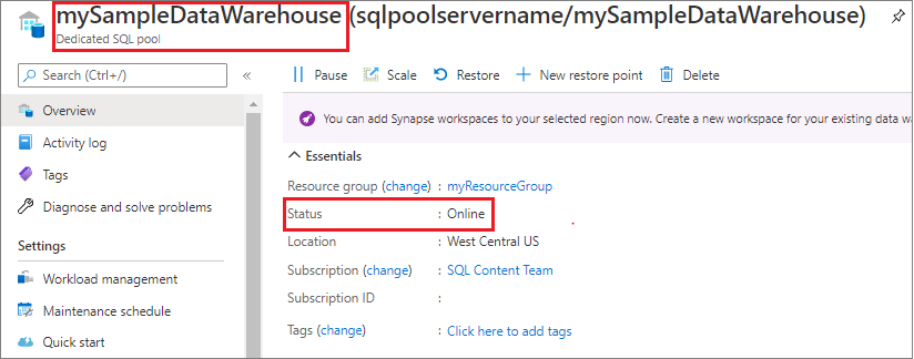 Screenshot della portale di Azure che indica che l'ambiente di calcolo del pool SQL dedicato è online.