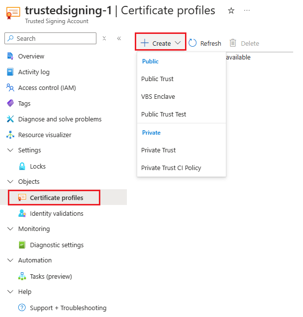 Screenshot che mostra i tipi di profilo certificato di Firma attendibile tra cui scegliere.