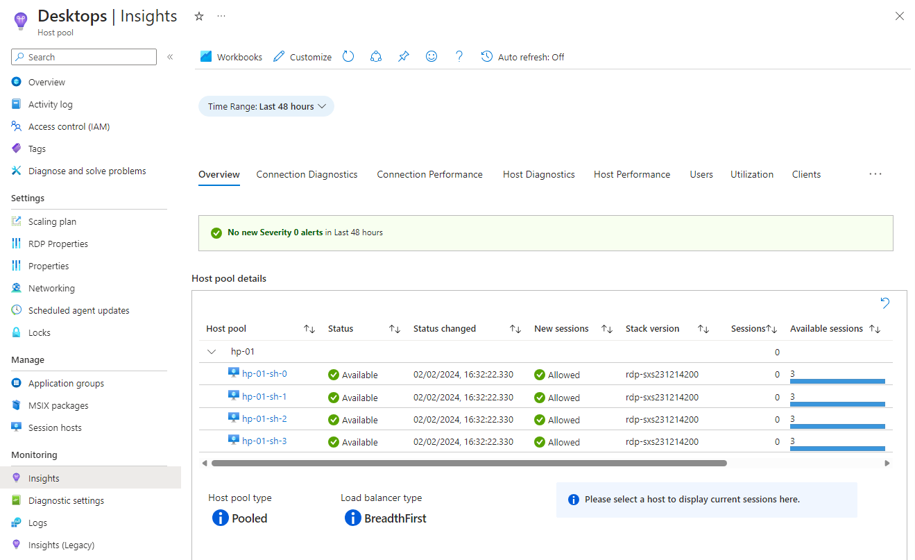 Screenshot che mostra la panoramica di Insights per un pool di host.