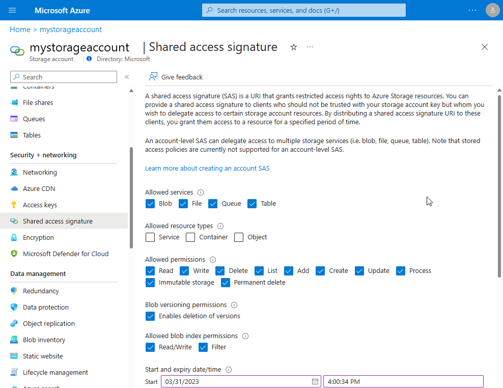 Screenshot che mostra la pagina Firma di accesso condiviso con la stringa di connessione e Genera SAS.