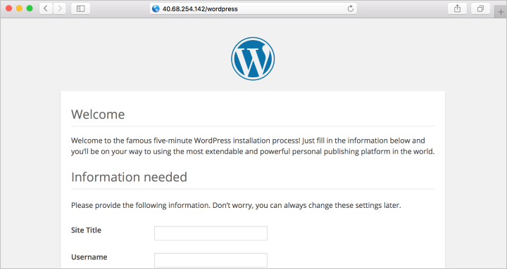 Pagina di installazione di WordPress