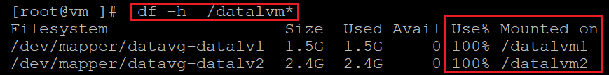 Screenshot che mostra il codice che controlla la quantità di file system in uso con i risultati evidenziati.