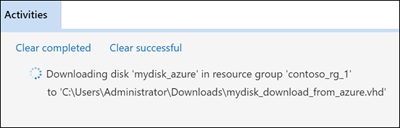 Screenshot di Archiviazione di Azure Explorer che evidenzia il percorso del riquadro Attività con i messaggi di stato di download.