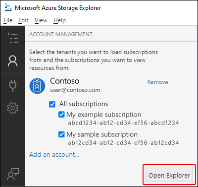 Screenshot di Archiviazione di Azure Explorer che evidenzia il percorso del pulsante Apri esplora risorse.