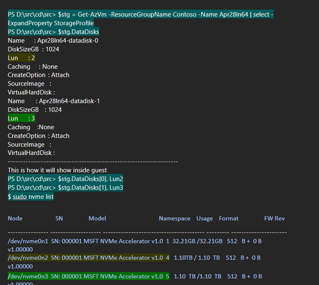 Screenshot di una risposta di esempio a un comando di Azure PowerShell.