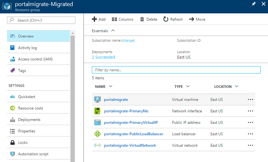 Screenshot che mostra le risorse di Azure Resource Manager nell'operazione di preparazione