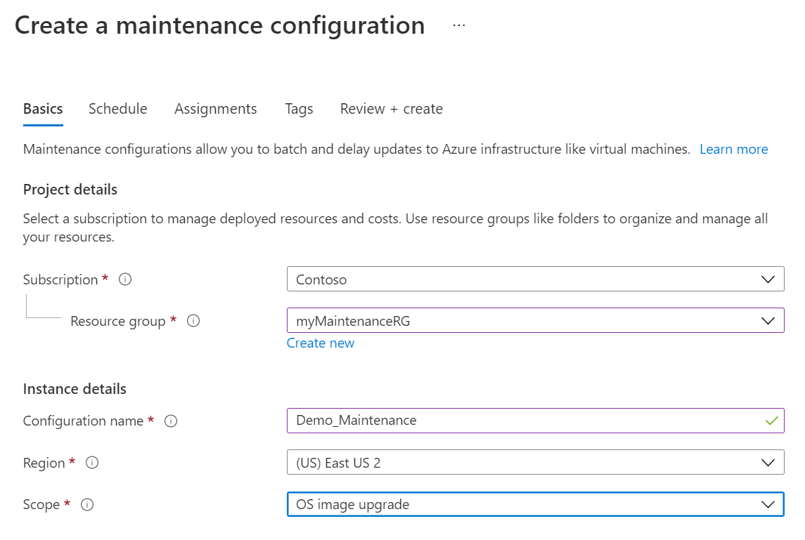 Screenshot che mostra le nozioni di base sulla configurazione della manutenzione