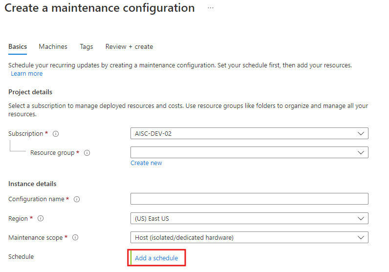 Screenshot che mostra le informazioni di base per una configurazione di manutenzione.