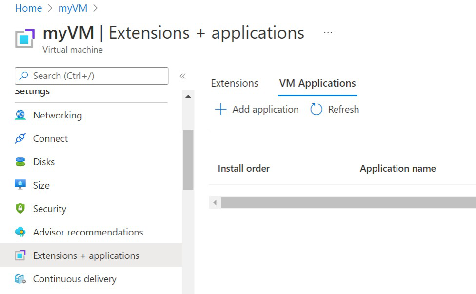 Screenshot che mostra la selezione di un'applicazione vm da installare in una macchina virtuale attualmente in esecuzione.