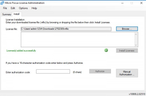 Screenshot che mostra la finestra di dialogo Micro Focus License Administration in cui è possibile selezionare Installa licenze.