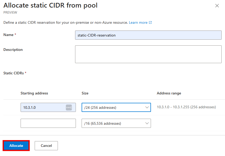 Screenshot di Allocate static CIDR from pool window with address range for CIDR reservation (Allocare CIDR statico dalla finestra del pool con intervallo di indirizzi per la prenotazione CIDR).