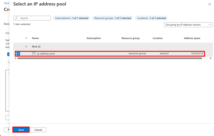 Screenshot di Selezionare un pool di indirizzi IP con il pool di indirizzi IP selezionato.