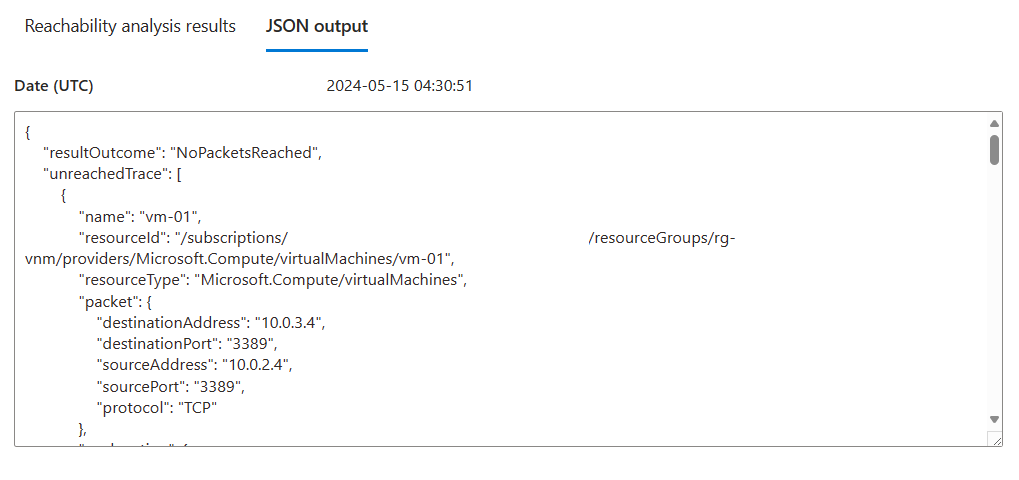 Screenshot dell'output JSON per i risultati dell'analisi della raggiungibilità.