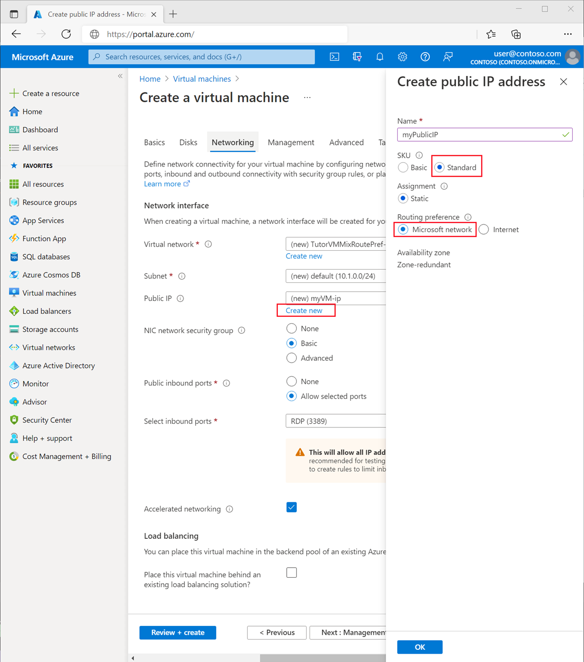 Screenshot della creazione di un indirizzo IP pubblico con preferenze di routing Microsoft.