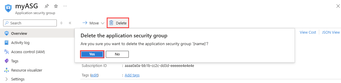 Screenshot che mostra l'eliminazione di un gruppo di sicurezza delle applicazioni nel portale di Azure.