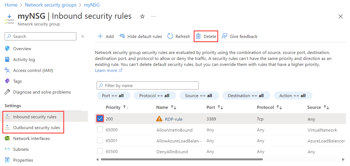 Screenshot che mostra l'eliminazione di una regola di sicurezza in ingresso di un gruppo di sicurezza di rete nel portale di Azure.