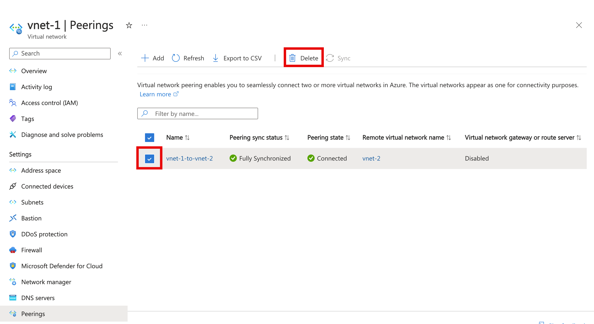 Screenshot dell'eliminazione di un peering dalla rete virtuale.