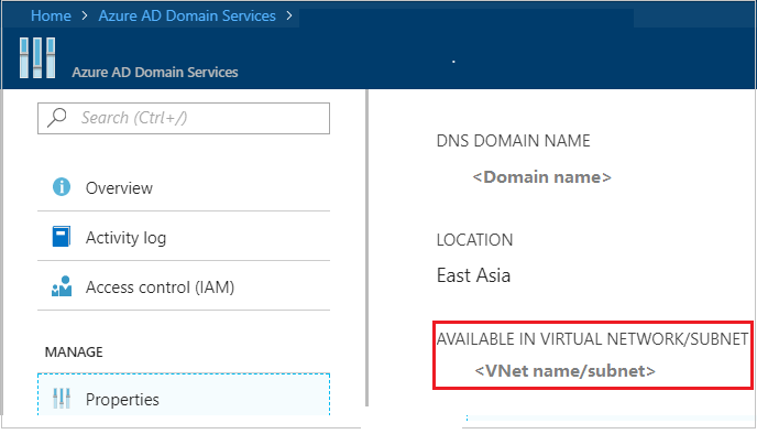 Screenshot della schermata Microsoft Entra Domain Services in portale di Azure. Il campo Disponibile in Rete virtuale/Subnet è evidenziato.