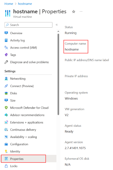 Screenshot che mostra la pagina Proprietà di una macchina virtuale ed evidenzia il nome computer.