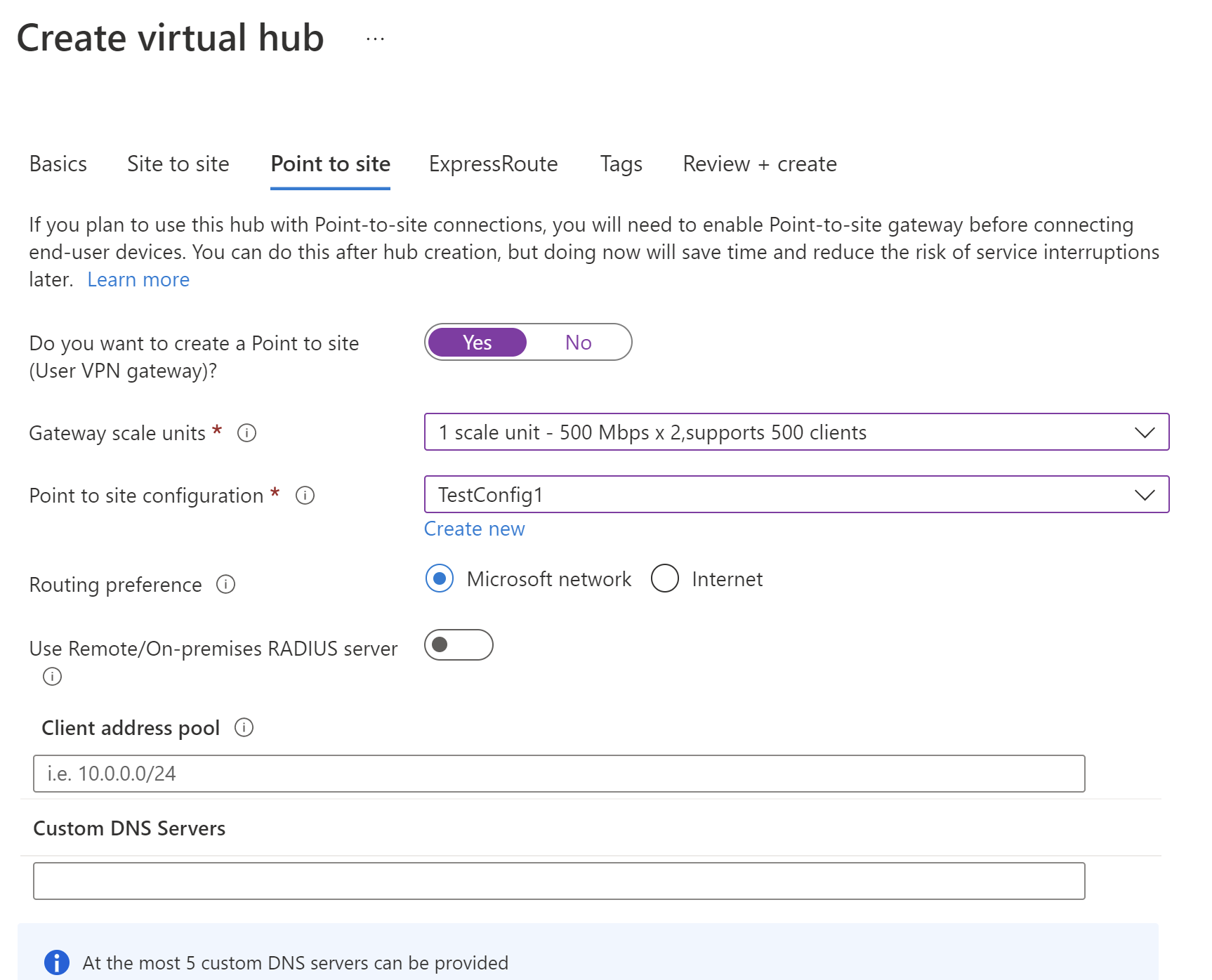 Screenshot che mostra le unità di scala del gateway per il punto a sito.