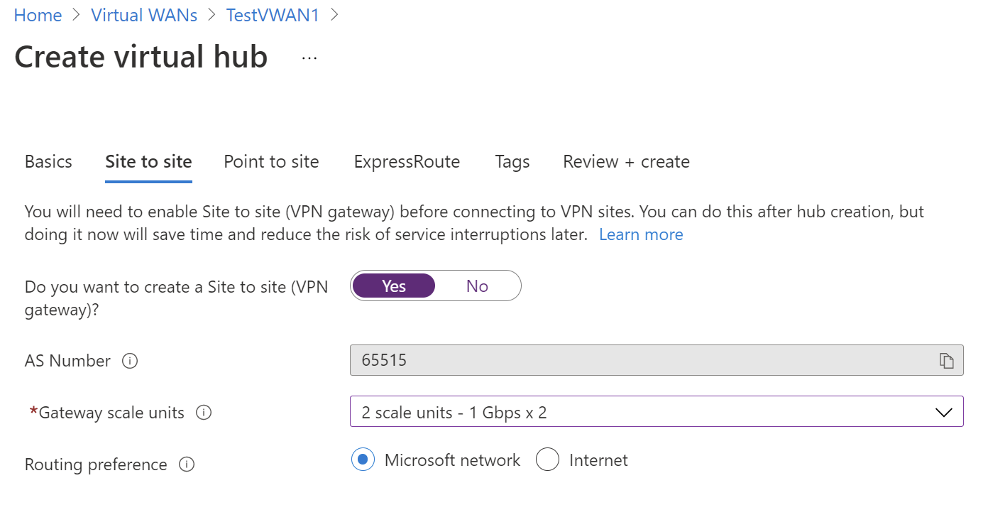 Screenshot che mostra le unità di scala del gateway per da sito a sito.