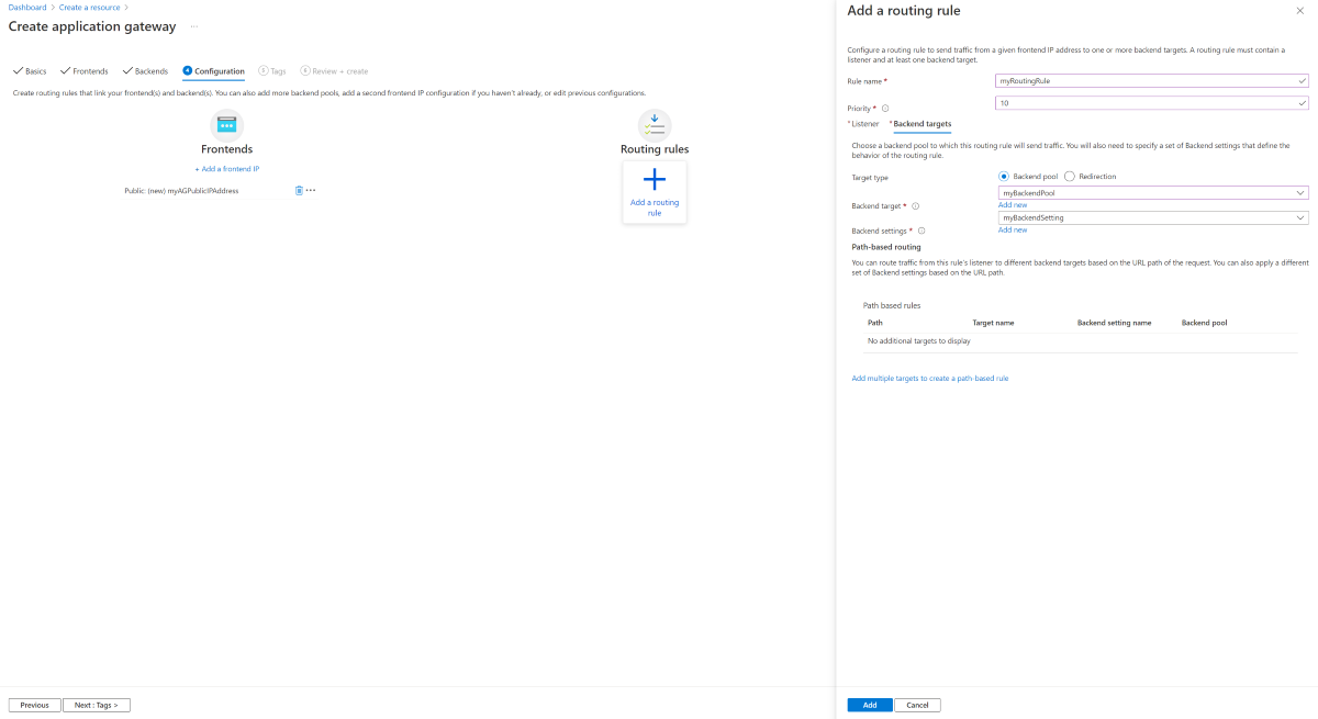 Screenshot che mostra La creazione di un nuovo gateway applicazione: regola di routing.