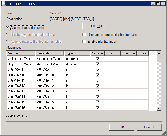 di colonne tra Siebel e tabella SQL