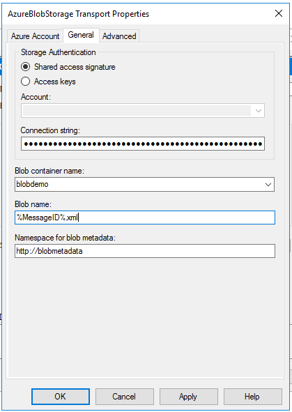 Proprietà generali dell'adapter di invio dell'archiviazione BLOB di Azure in BizTalk Server