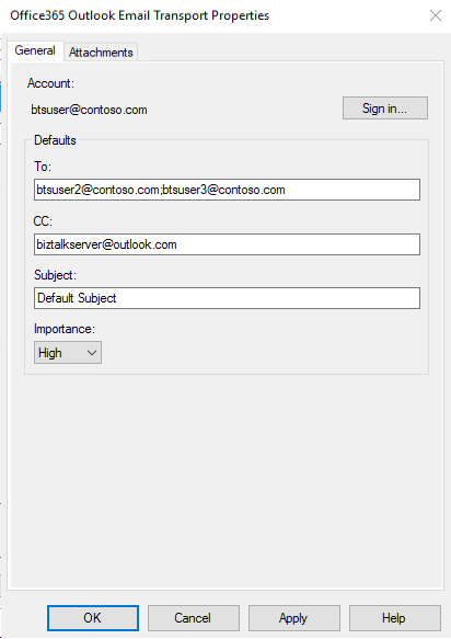 Office 365 proprietà generale di Outlook Email in BizTalk Server