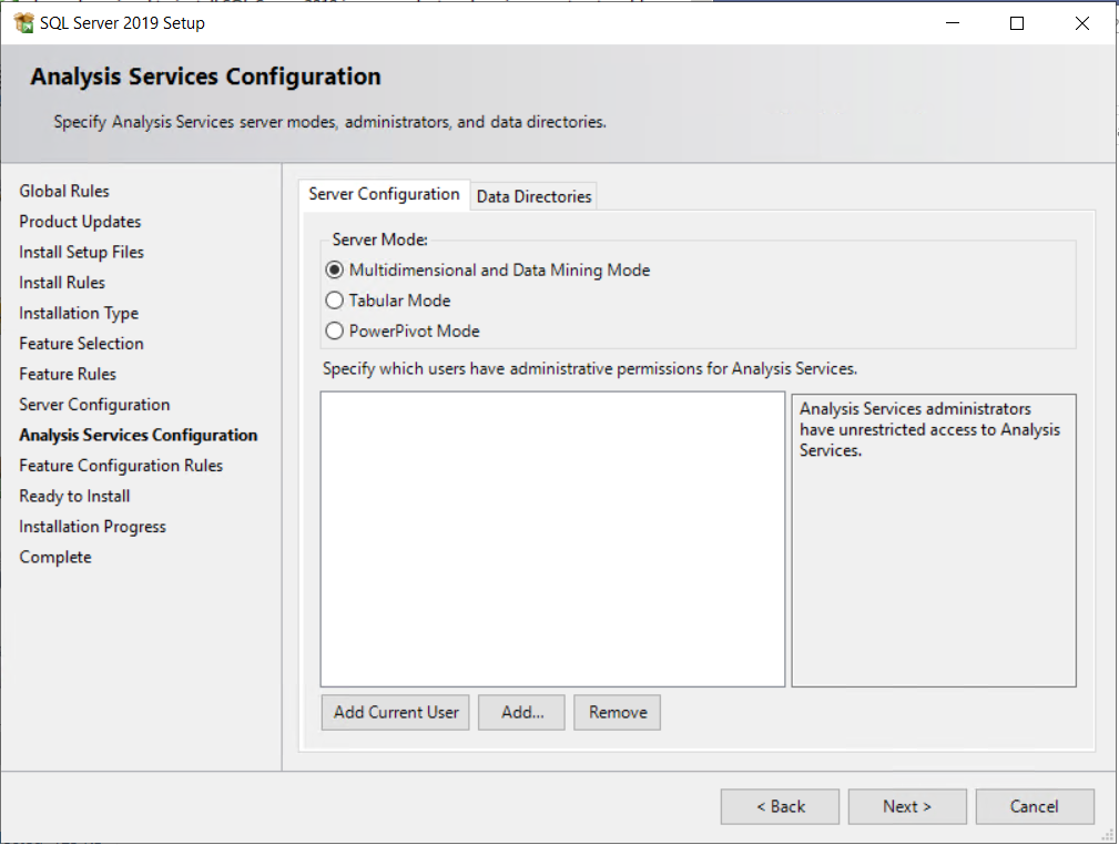 Modificare Analysis Services dalla modalità tabulare alla modalità multidimensionale durante l'installazione di SQL Server