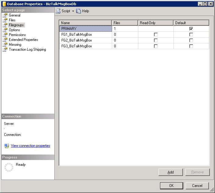 SQL Server aggiungere filegroup a un database