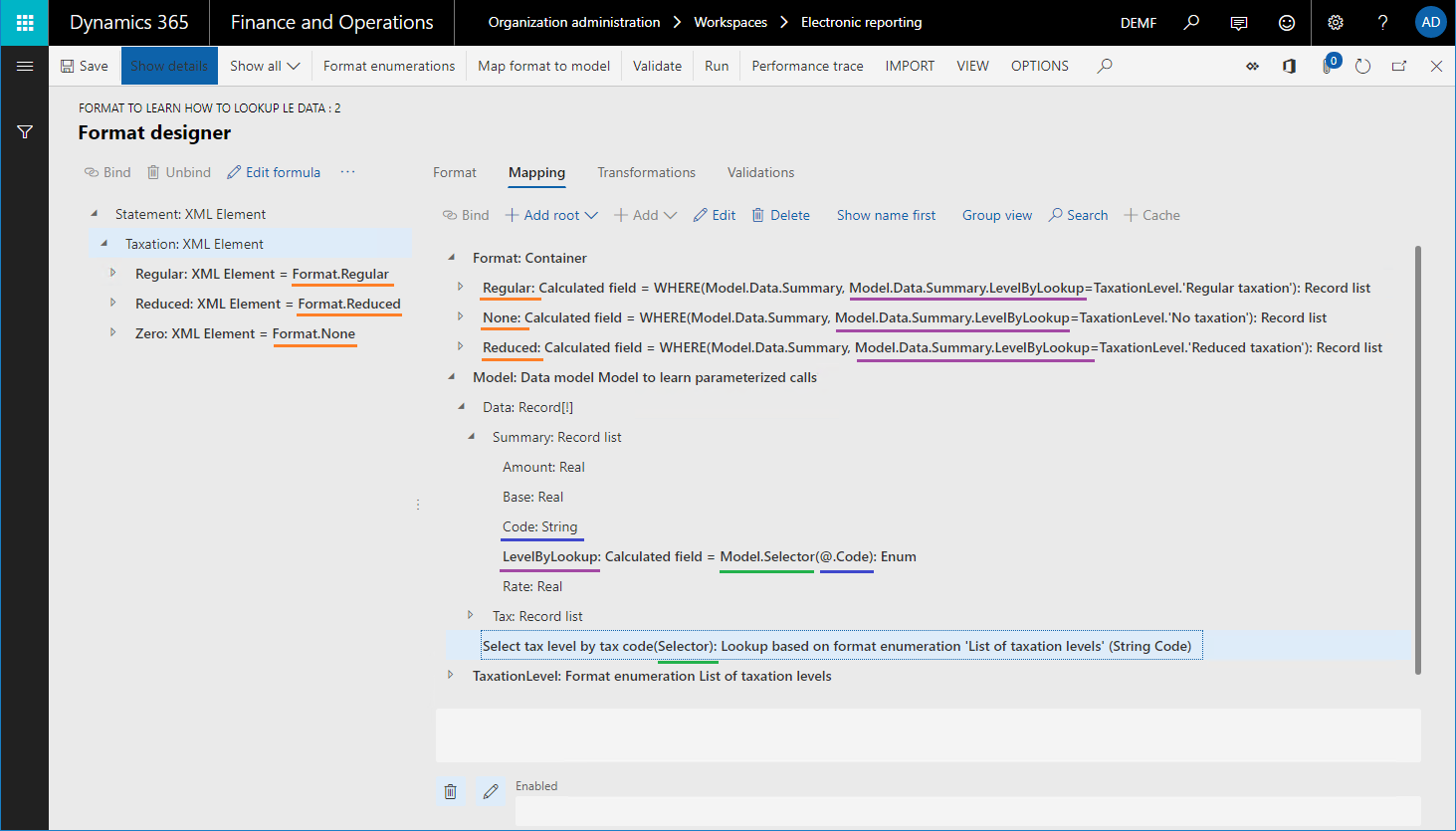 Screenshot del mapping della progettazione di formato