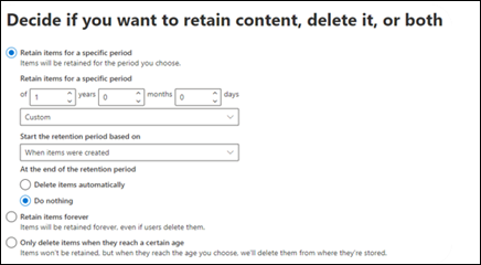 Esempio di creazione di criteri di conservazione nel portale di Microsoft Purview e decisione se conservare il contenuto, eliminarlo o entrambi.