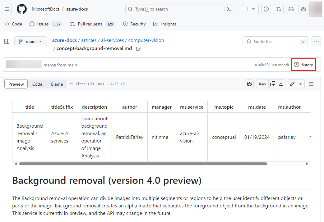 Screenshot del pulsante cronologia in GitHub per il Web.