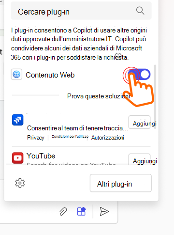 Immagine che mostra un cursore che punta all'interruttore del plug-in del contenuto Web abilitato.