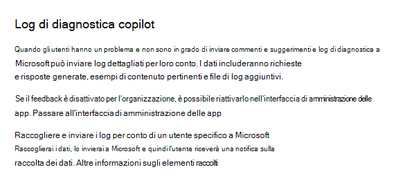 Screenshot che consente agli amministratori di raccogliere Microsoft 365 Copilot log di diagnostica nel interfaccia di amministrazione di Microsoft 365.