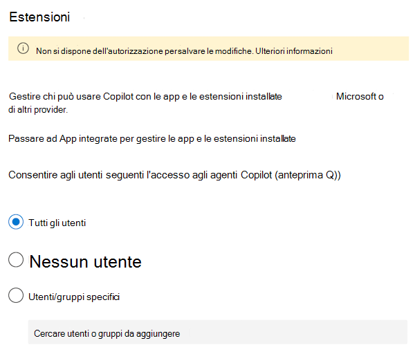 Screenshot che consente di consentire o impedire agli utenti di usare Microsoft 365 Copilot estensioni e agenti nel interfaccia di amministrazione di Microsoft 365.