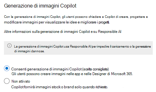 Screenshot che consente agli amministratori di consentire o impedire agli utenti finali di creare immagini usando Microsoft 365 Copilot nel interfaccia di amministrazione di Microsoft 365.