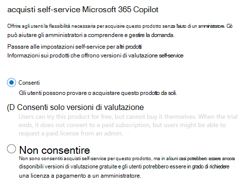 Screenshot che consente agli utenti di acquistare Microsoft 365 Copilot senza l'approvazione dell'amministratore nella pagina Copilot nel interfaccia di amministrazione di Microsoft 365.