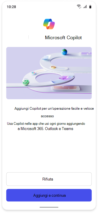 Screenshot che mostra la richiesta visualizzata nelle interfacce per dispositivi mobili per consentire agli utenti di aggiungere Copilot.