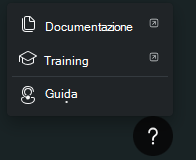 Screenshot che mostra le opzioni di menu dell'icona della Guida, tra cui documentazione e supporto tecnico.